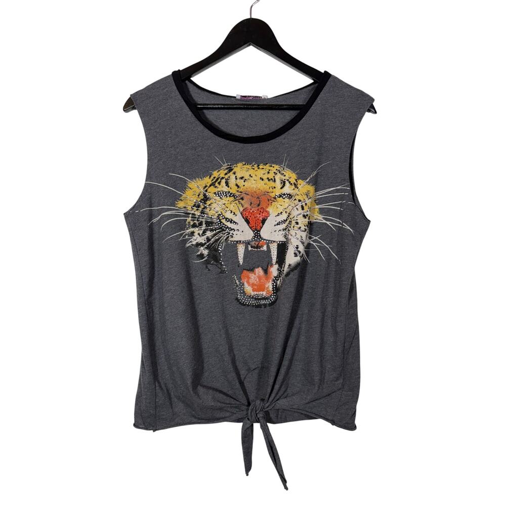 Tiger Tie-Front Tank Top Gray Bejeweled Rhinestones Gems Body Central